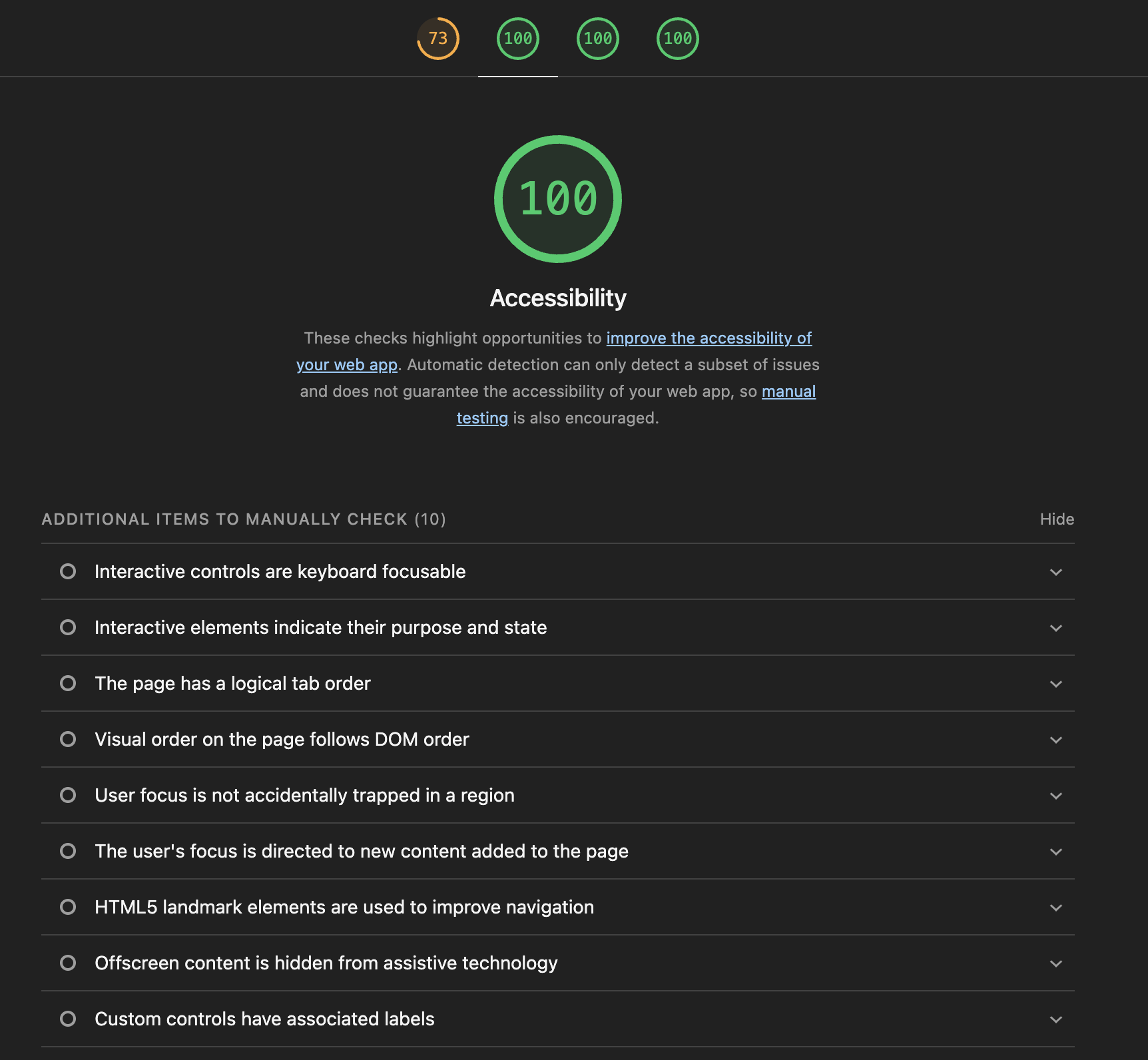 Accessibility audit details from Lighthouse.