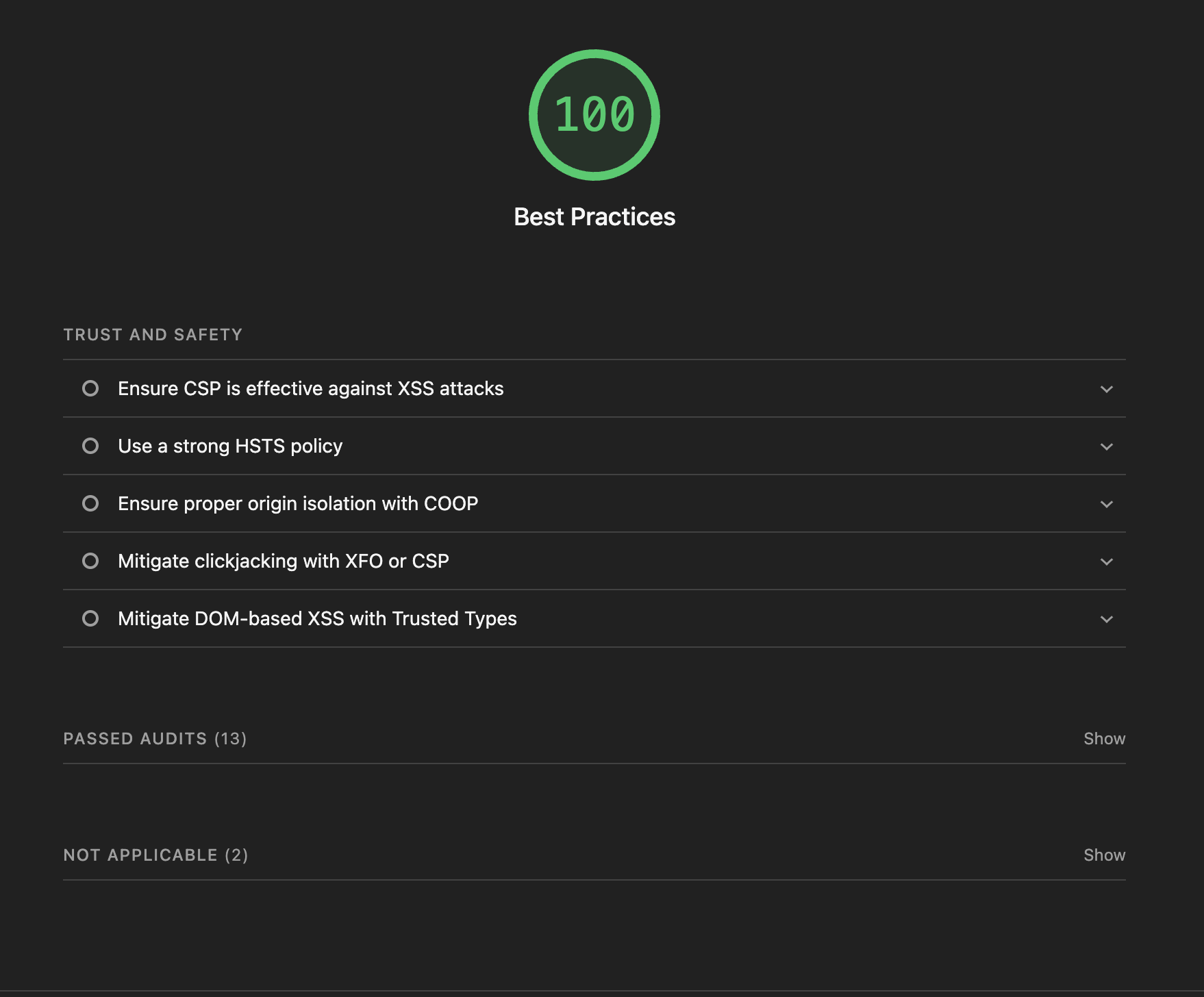 Best Practices audit details (or SEO) from Lighthouse.